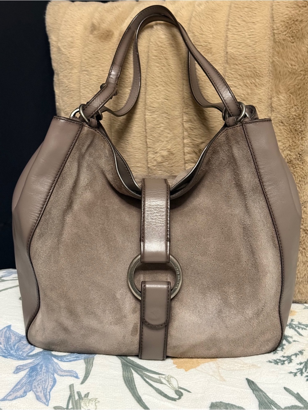 Michael Kors Taupe Suede & Leather Ring Buckle Hobo Shoulder Bag